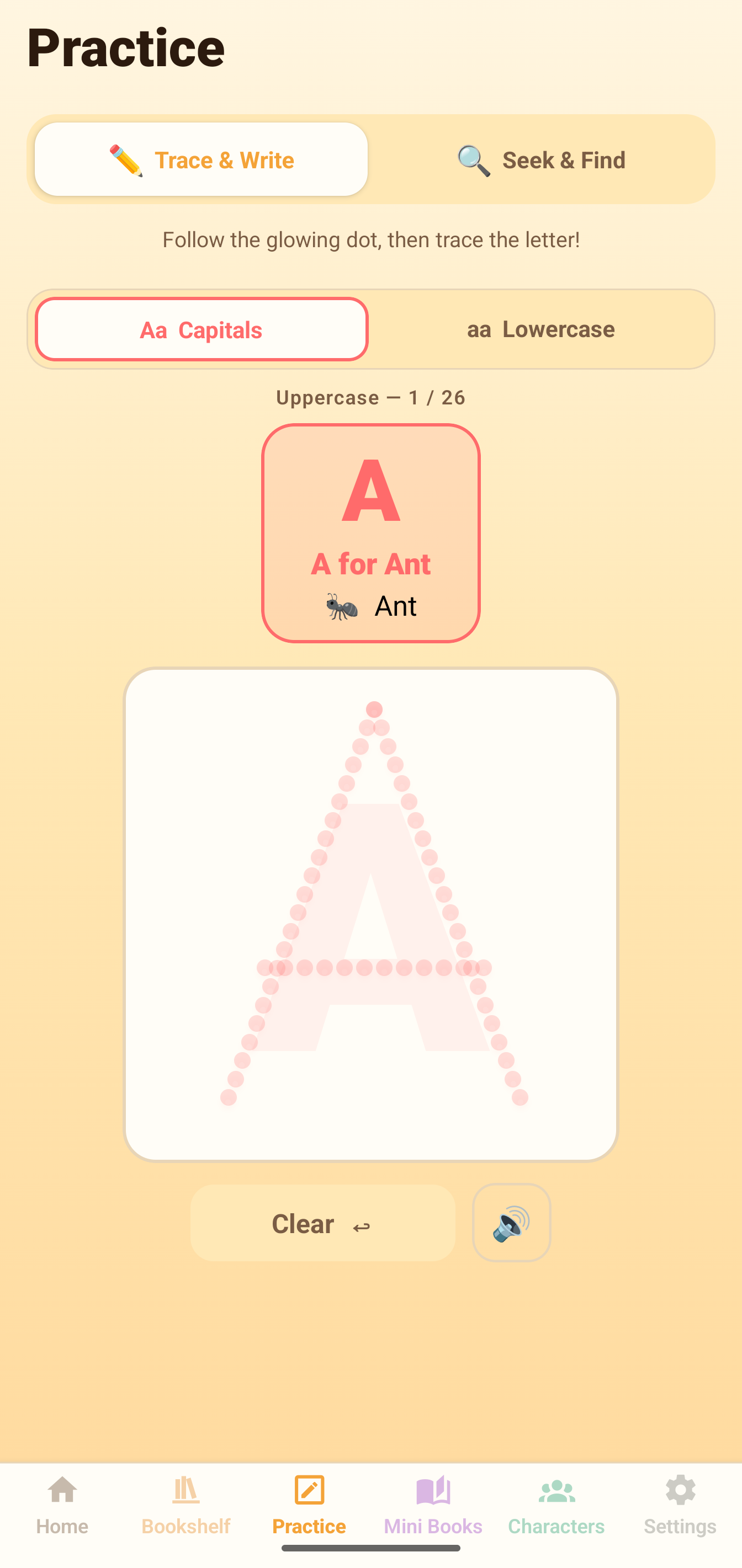 SnackPack ABC practice screen.